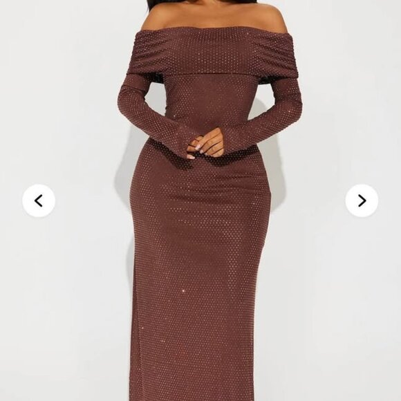 Fashion Nova/Meshki Brown Sparkly Off Shoulder Evening Dress/Gown - Size Medium - Picture 1 of 8